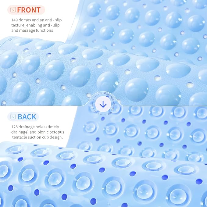 Anti-Slip Bathtub Shower mat, 27.5×14.5（Approximately 70×37cm） inch Soft Oversized Machine Washable Non-Slip Bathtub mat with Drainage Holes, Bathroom Floor Suction Cup.（1-Opaque Light Blue）