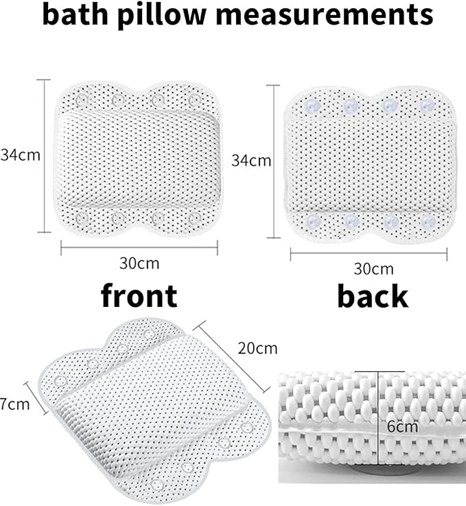 Bath Pillow Non Slip Spa Bathtub Head & Neck Rest Support, Headrest with Soft 4D Mesh Fabric, Permeable Quick Drying Air Mesh Tub Pillow with 8 Suction Cups, Soft & Relaxing, White
