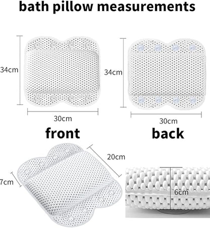 Bath Pillow Non Slip Spa Bathtub Head & Neck Rest Support, Headrest with Soft 4D Mesh Fabric, Permeable Quick Drying Air Mesh Tub Pillow with 8 Suction Cups Fits Any Tubs, Soft & Relaxing