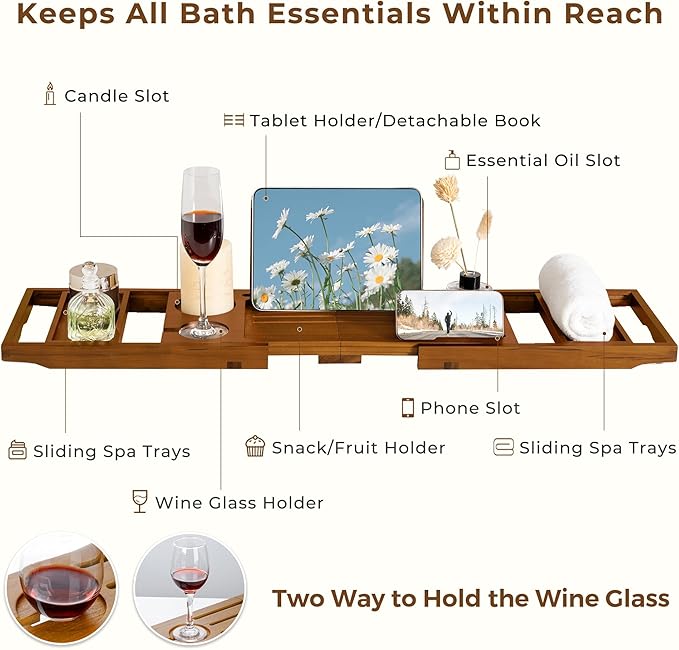 Teak Bathtub Tray Expandable Bathroom Tray for Home Spa Relaxation, Wooden Tray Caddy for Bathtub, Teak Bathtub Caddy as Unique Housewarming, Birthday, Wedding Shower Gifts (Natural Teak)
