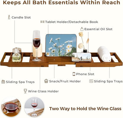 Teak Bathtub Tray Expandable Bathroom Tray for Home Spa Relaxation, Wooden Tray Caddy for Bathtub, Teak Bathtub Caddy as Unique Housewarming, Birthday, Wedding Shower Gifts (Natural Teak)