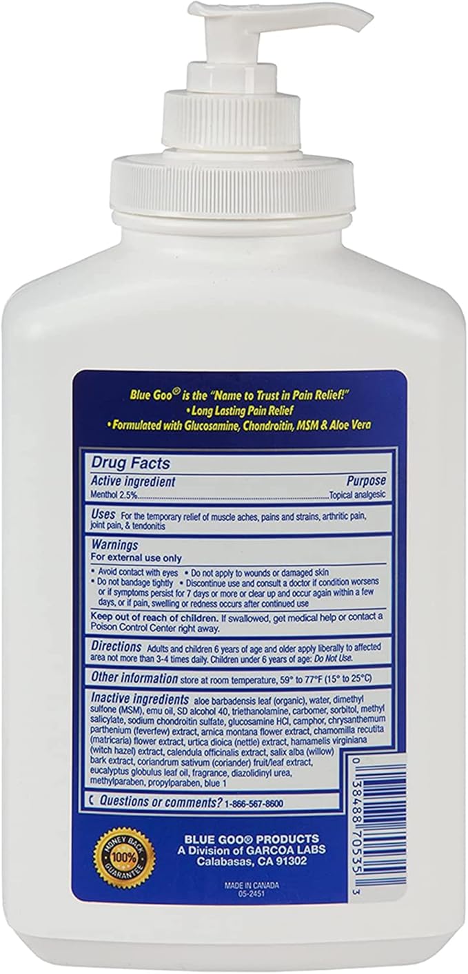Blue Goo Pain Relieving Gel – for Back/Neck, Muscle/Stiff Joints Pain, Sprains, Strains, Fast-Acting, Cooling+Soothing Relief, Made w/ 100% Pure Emu Oil, 32 oz (2 Pack)