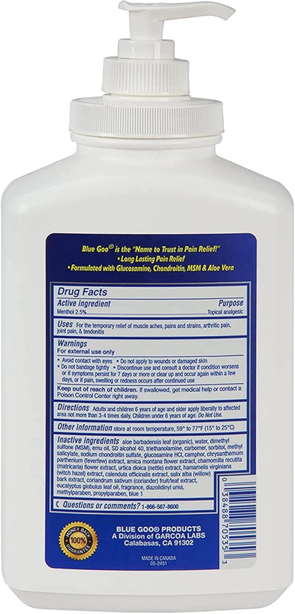 Blue Goo Pain Relieving Gel – for Back/Neck, Muscle/Stiff Joints Pain, Sprains, Strains, Fast-Acting, Cooling+Soothing Relief, Made w/ 100% Pure Emu Oil, 32 oz (2 Pack)