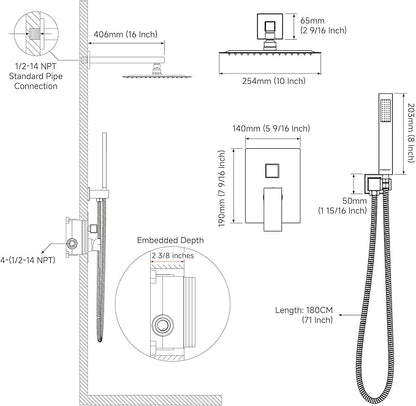Black Shower System Sets Faucet: EMBATHER 10 Inch Overhead Rainhead Shower Combo Set with Handheld and Valve-Luxury Rain Mixer Rainfall Black Shower Faucets Sets Complete