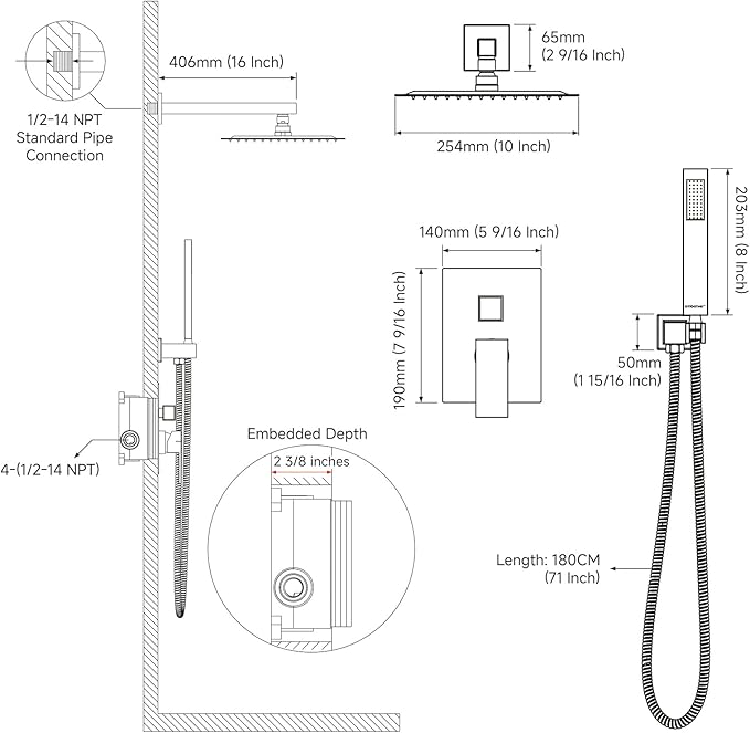 EMBATHER Oil Rubbed Bronze Shower System -10 Inches Shower Faucet Set with Square Rain Shower Head and Handheld High Pressure Shower Combo Set for Bathroom Wall Mounted (Contain Rough-in Valve & Trim)
