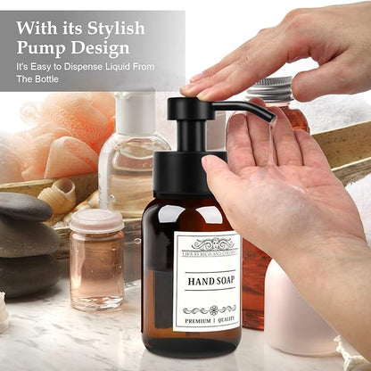 Glass Soap Dispenser with Pump and Wall Mount Holder,8.5 Oz Shampoo and Conditioner Dispenser with Waterproof Labels(Brown)