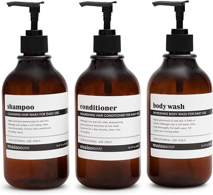 MaisoNovo Refillable Shampoo and Conditioner Bottles | 16.9 fl oz Set of 3 Amber Plastic Bottles Black Pumps