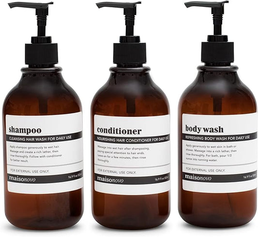 MaisoNovo Refillable Shampoo and Conditioner Bottles | 16.9 fl oz Set of 3 Amber Plastic Bottles Black Pumps