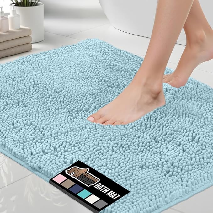 GORILLA GRIP Bath Rug Mat 30x20, Soft Absorbent Chenille, Quick Dry Microfiber Mats, Rubber Backing Washable Shower Floor Rugs, Bathmat Runner, US Designed Bathroom Home Decor Accessories Sky Blue