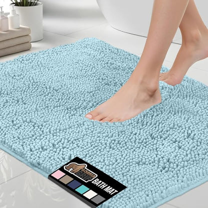 GORILLA GRIP Bath Rug Mat, Thick Soft Absorbent Chenille, Quick Dry Microfiber Mats, Rubber Backing Washable Shower Floor Rugs, Bathmat Runner, US Designed Bathroom Home Decor Accessories 24x17, Sky