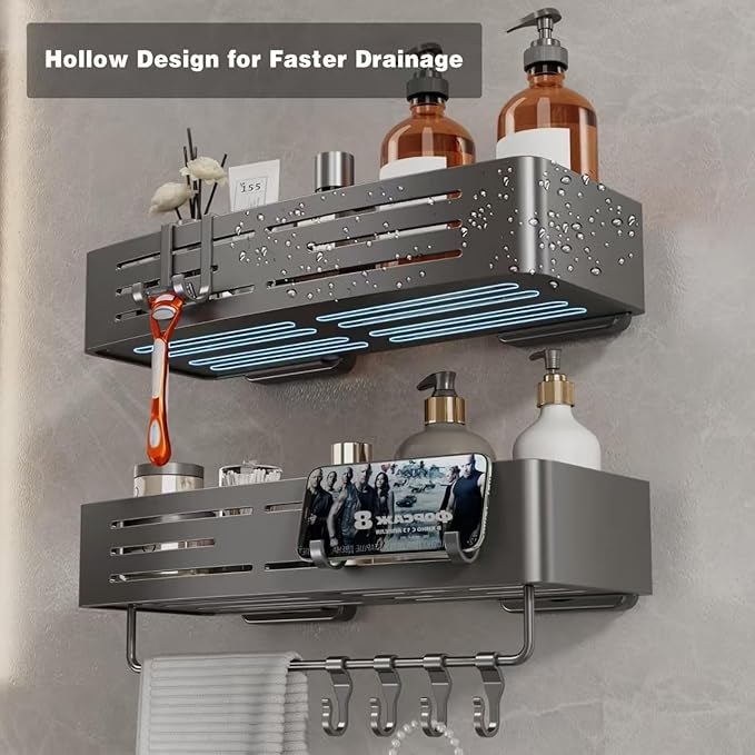 Voldra Shower Caddy Suction Cup, 1 Pack Shower Shelves for Inside Shower No Drilling, Aluminum Suction Showers Organizer with Towel Bar & Hooks Removable Bathroom Shelf Storage Rack(Gray)
