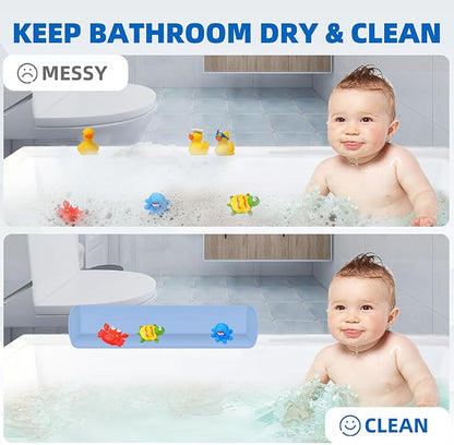 Splash Guard for Bathtub, 3.8" x 3.6" Silicone Bath Tub Splash Guard with 6 Suction Cups, Bathtub SplashGuard Play Shelf Area for Kids with 3°Drainage Slope for Faster Drying - Blue