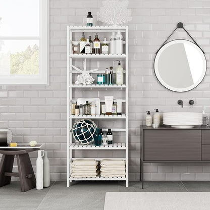Bamjoy Bamboo Shelf, 6 Tier Bookcase Storage Shelves, Tall Book Rack Shelving Unit, Multipurpose Storage Display Shelf Adjustable Storage Rack for Bathroom Home Office Living Room Kitchen, White