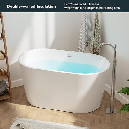 FerdY Shangri-La 47" Acrylic Freestanding Bathtub with Headrest, Small Classic Oval Shape Acrylic Soaking Bathtub with Matte Black Drain & Overflow& Bathtub Pillow, cUPC Certified