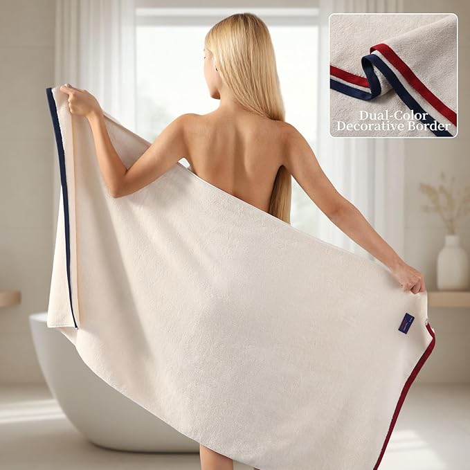 REDKISS 2 Pack 100% Cotton Bath Towels with Luxury Embellished Border Design, Oversized 27 x 54 Inches & 600 GSM Ultra Soft Bath Towel Set, Quick Dry Towels for Bathroom, Gym, Hotel, Beige Brown
