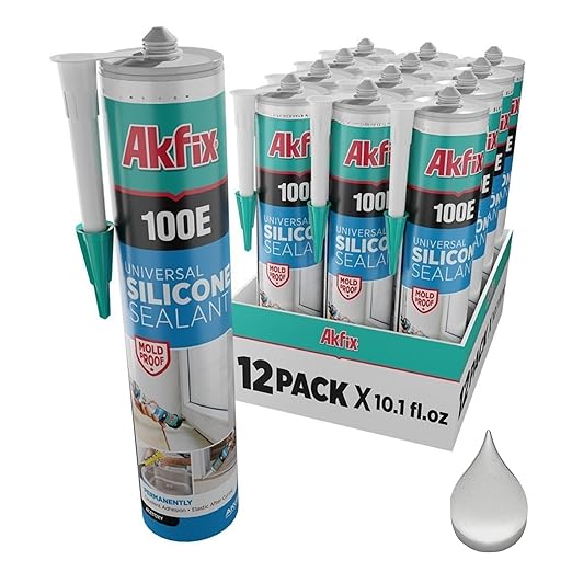 Akfix 100E RTV Translucent Silicone Caulk (12x10.1 fl.oz.)- 100% Waterproof Silicone Sealant for Kitchen and Bathroom, Shower, Bathtub, Toilet, Sink, Window & Door, No Discoloring |Translucent 12 Pack