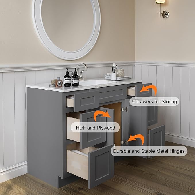 ROOMTEC Bathroom Cabinet, 48'' Free Standing Bathroom Vanity with 6 Drawers and 2 Doors,Soft-Close Drawer Slides Morden Bathroom Sink Vanity Storage Cabinet, Shaker Gray