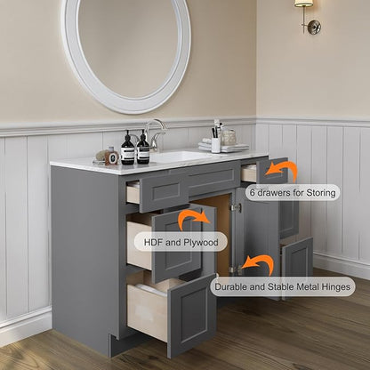ROOMTEC Bathroom Cabinet, 48'' Free Standing Bathroom Vanity with 6 Drawers and 2 Doors,Soft-Close Drawer Slides Morden Bathroom Sink Vanity Storage Cabinet, Shaker Gray
