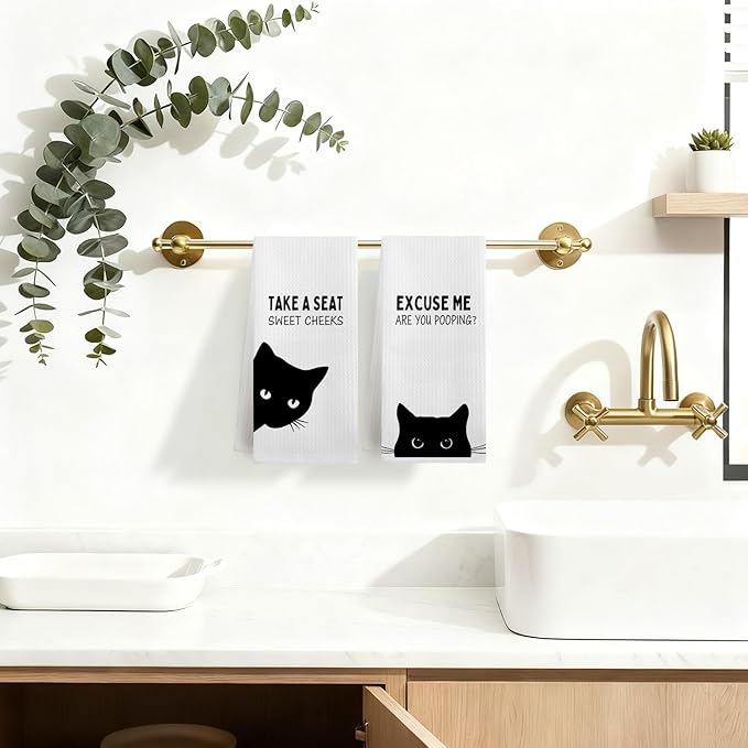 Funny Black Cat Bathroom Hand Towels, Cat Bathroom Decor, Sweet Cheeks Funny Kitten Kitty Decorative Hand Tea Towels for Washroom Restroom, 16x24 Inches Set of 2