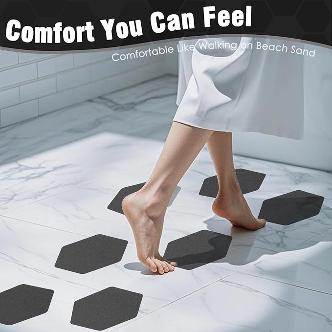 S&X 24 Pcs Shower Non Slip Stickers (Large 4.7" Hexagon), Modern Black Bathtub Non Slip Stickers, High Traction Grit Safety Decals for Tub Floor, Waterproof with Scraper