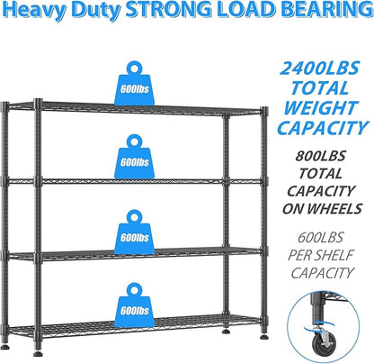 Homdox 4 Tier Heavy Duty Metal Wire Shelving with Wheels, 2400 lbs Capacity Garage Storage Rack, Rolling Industrial Storage, Adjustable Commercial Shelves for Kitchen, Warehouse, 18"x60"x72", Black
