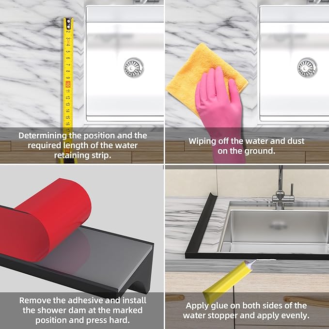 98Inch Collapsible Shower Threshold Water Dam Barrier, Self Adhesive Silicone Waterproof Shower Barrier Water Strip Dam for The Gap Between the Shower Kitchen Countertop Sink and Cooktop