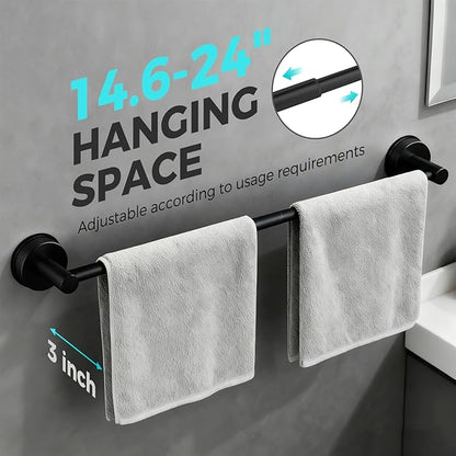 Adjustable Suction Cup Towel Bar for Bathroom Wall,14.6Inch~24 Inch Towel Racks for Bathroom,Stainless Steel Bath Towel Holder for Shower,2 Pack(Matte Black)