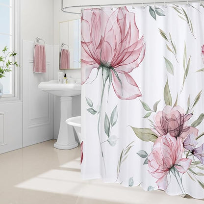Pink and Grey Boho Watercolor Floral Shower Curtain, Ink Painting Style Blossom & Leaf Shower Curtains for Chic Elegant Bathroom, Artistic Fabric Cloth Flower Shower Curtain, 72x72