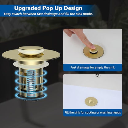 Hibbent 2 Pack Upgraded 3 in 1 Bathroom Sink Drain Strainer, Universal Pop Up Stopper with Removable Stainless Steel Filter Basket Hair Catcher, Sink Plug for 1.1''~2.36'' Basin, Brushed Gold