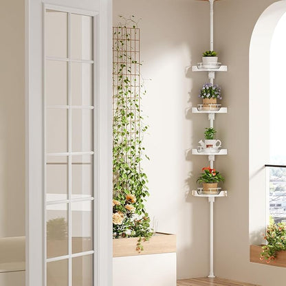 360° Rotating Corner Shower Caddy Tension Pole Organizer - 4-Tier Adjustable Rustproof Metal Pole, Plastic Shelves with Safety Guardrail, Bathroom Storage for Shower & Bathtub(White)