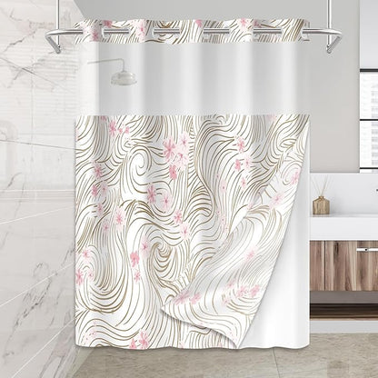 No Hook Shower Curtain Set with Snap in Fabric Liner for Bathroom,with See Through Top Window,Double Shower Curtain with Detachable Liner Replacement,Machine Washable,Pink Floral,71"x 74"