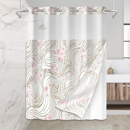 No Hook Shower Curtain Set with Snap in Fabric Liner for Bathroom,with See Through Top Window,Double Shower Curtain with Detachable Liner Replacement,Machine Washable,Pink Floral,71"x 74"