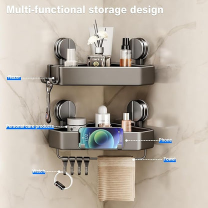Suction Cup Shower Caddy Corner, 2 Pack Suction Corner Shower Shelves No Drilling, Rustproof Shower Organizer Suction Cup with Towel Holder & Hooks Removable Bathroom Storage Rack(Gray)