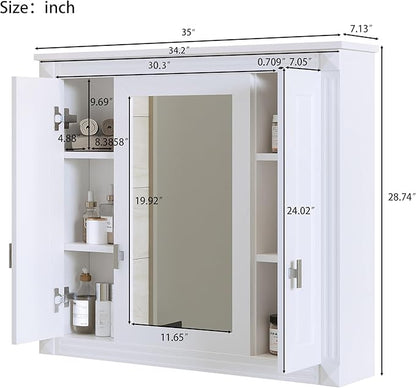 Merax Wall Mounted Bathroom Medicine Cabinet with Mirror, Bathroom Wall Cabinet with Doors and Shelves, 35" x 29" Mirrored Door Over Toilet Storage Cabinet, White