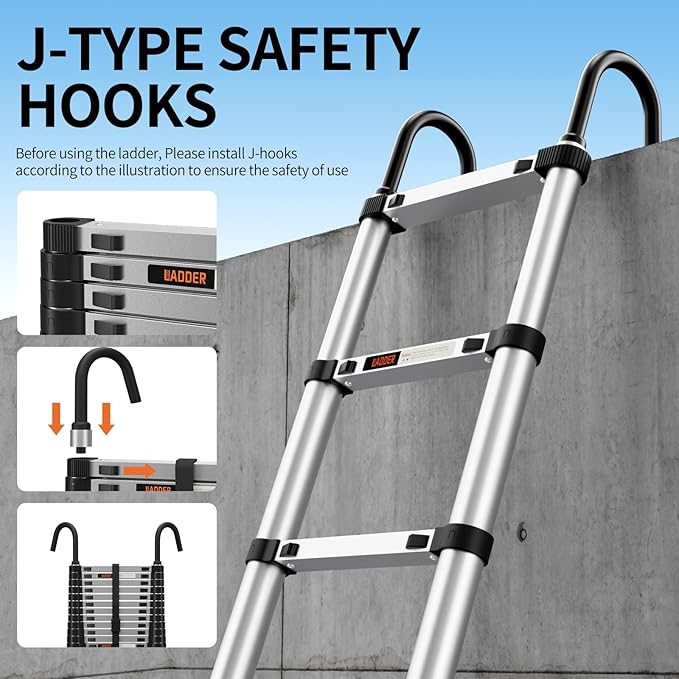 Telescoping Ladder,10.5FT Aluminum Multi-Purpose Collapsible Ladder with Stabilizers and Hooks,Jiashche Portable Extension Ladder for RV or Outdoor Work Silver,330lb Max Capacity
