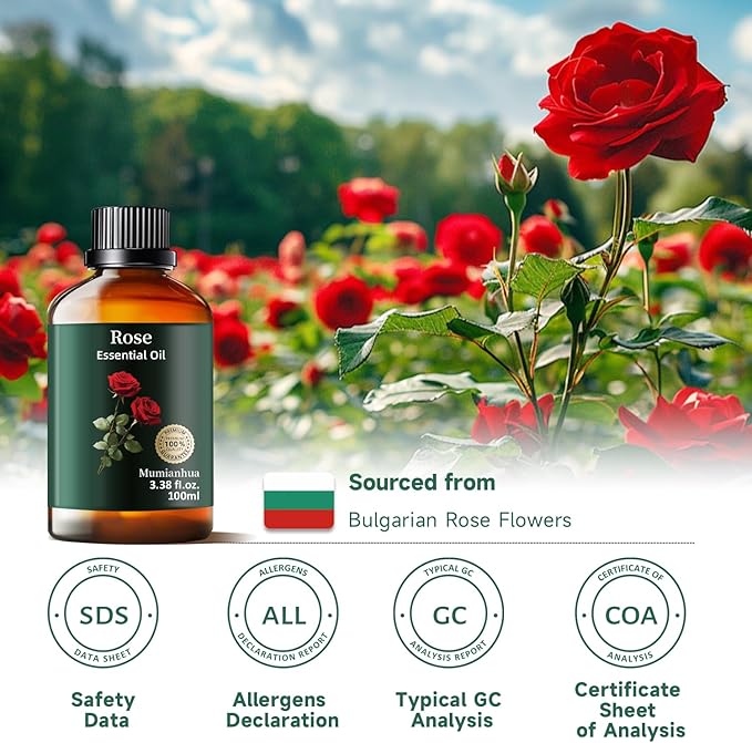 Pure Rose Essential Oil for Reed Diffuser, Aromatherapy, Skin, Hair, Evening Relaxation &Pillow Mist, Mumianhua Natural Floral Aroma for Bedtime Serenity, Calming Blends, Soap Candle Making 3.38 Fl Oz