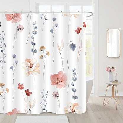 Gibelle Small Stall Shower Curtain 36 x 72, Narrow Half Watercolor Floral Fabric Shower Curtain, Coral Beige Flower Decorative Bathroom Shower Curtain Set