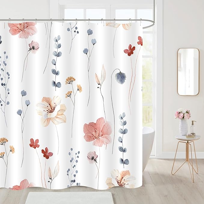 Gibelle Long Shower Curtain 72 x 78, Watercolor Floral Fabric Shower Curtain, Coral Beige Flower Decorative Bathroom Shower Curtain Set