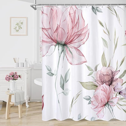 Pink and Grey Boho Watercolor Floral Shower Curtain, Ink Painting Style Blossom & Leaf Shower Curtains for Chic Elegant Bathroom, Artistic Fabric Cloth Flower Shower Curtain, 72x72