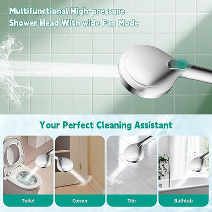 Hibbent cUPC Certified High Pressure 10-mode Shower Head, Handheld Showerhead with Adjustable Brass Joint Holder, 71" Metal Hose, Anti-clog Nozzles, Built-in Power Wash to Clean Tub & Pets, Chrome