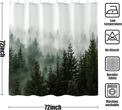 Aipon Green Misty Forest Shower Curtain Nature Tree Shower Curtain Set Dark Green Fabric Waterproof Shower Curtains for Bathroom Decor with 12 Hooks (72'' × 72'', Green4)