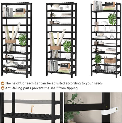 Homykic 6-Tier Bamboo Bookshelves and Bookcases, Adjustable 63.4”Tall Shallow Book Shelf Organizer Rack, Freestanding Storage Shelving Unit for Living Room, Kitchen, Bathroom, Office, Black