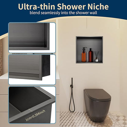 12x12 Shower Niche Insert Tile Ready, Stainless Steel Brushed Black Recessed Wall Cabinet, Waterproof Wall Niche for Shower Wall, No Tile Needed Storage Organizer