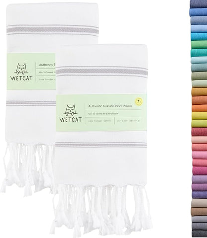 WETCAT Turkish Hand Towels with Hanging Loop, Set of 2 (20" x 30") 100% Turkish Cotton, Pre-Washed, Quick Drying, for Kitchen or Bathroom - Grey & White