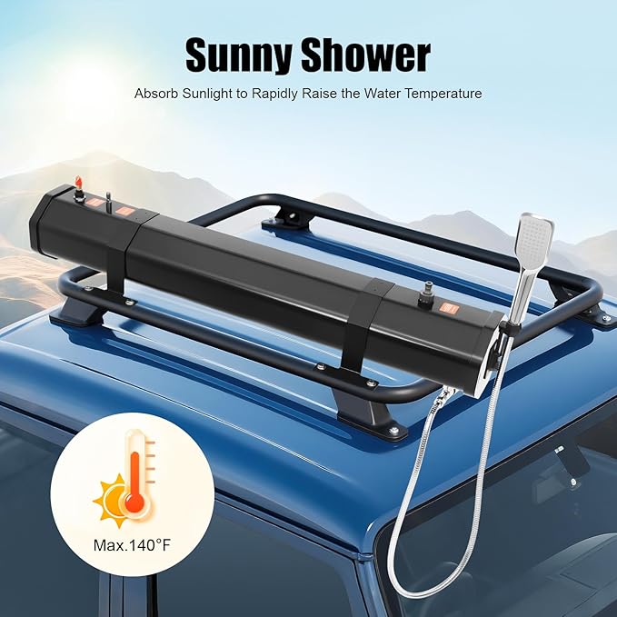 Portable Car Camping Shower, Pressurized Water Tank 7.93 Gallon Roof Rack Mount Road Shower Outdoor Roof Rack Water Tank with 5.58ft Water Hose & Shower Head for Trucks Off Road RV SUV