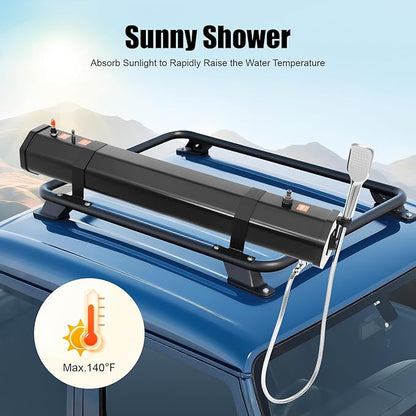 Portable Car Camping Shower, Pressurized Water Tank 7.93 Gallon Roof Rack Mount Road Shower Outdoor Roof Rack Water Tank with 5.58ft Water Hose & Shower Head for Trucks Off Road RV SUV