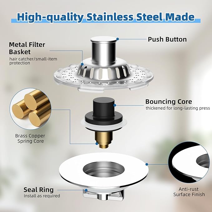 Universal Bathtub Drain Stopper Shower Drain Hair Catcher with Visible Top Strainer, Upgraded 3 in 1 Pop-up Tub Stopper Drain Plug Fit for 1.5 to 2.4" Hole, Stainless Steel Filter Basket