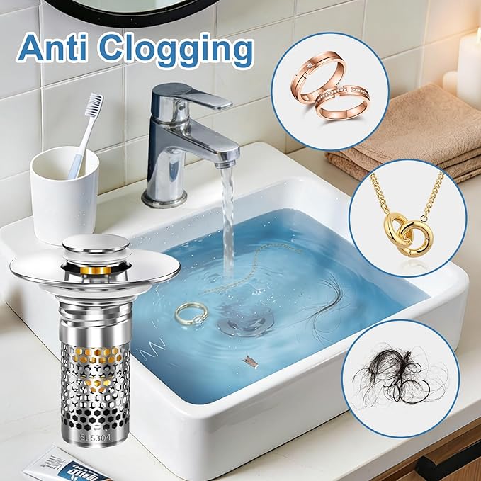 Bathroom Sink Stopper, Pop-up Bathroom Sink Drain Strainer Stopper with Removable Stainless Steel Strainer Filter Basket Hair Catcher, Sink Drain Stopper for Bathroom Sink Stopper Replacement (2PCS)