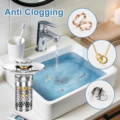Bathroom Sink Stopper, Pop-up Bathroom Sink Drain Strainer Stopper with Removable Stainless Steel Strainer Filter Basket Hair Catcher, Sink Drain Stopper for Bathroom Sink Stopper Replacement (2PCS)