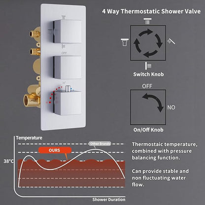 Thermostatic Shower System Brushed Nickel Shower Faucet Set, Four Modes Shower Faucet with 4 PCS Body Jet, Handheld Spray, Ceiling Mount 12 inch Shower Head with 8 inch Wall Mount Shower Head